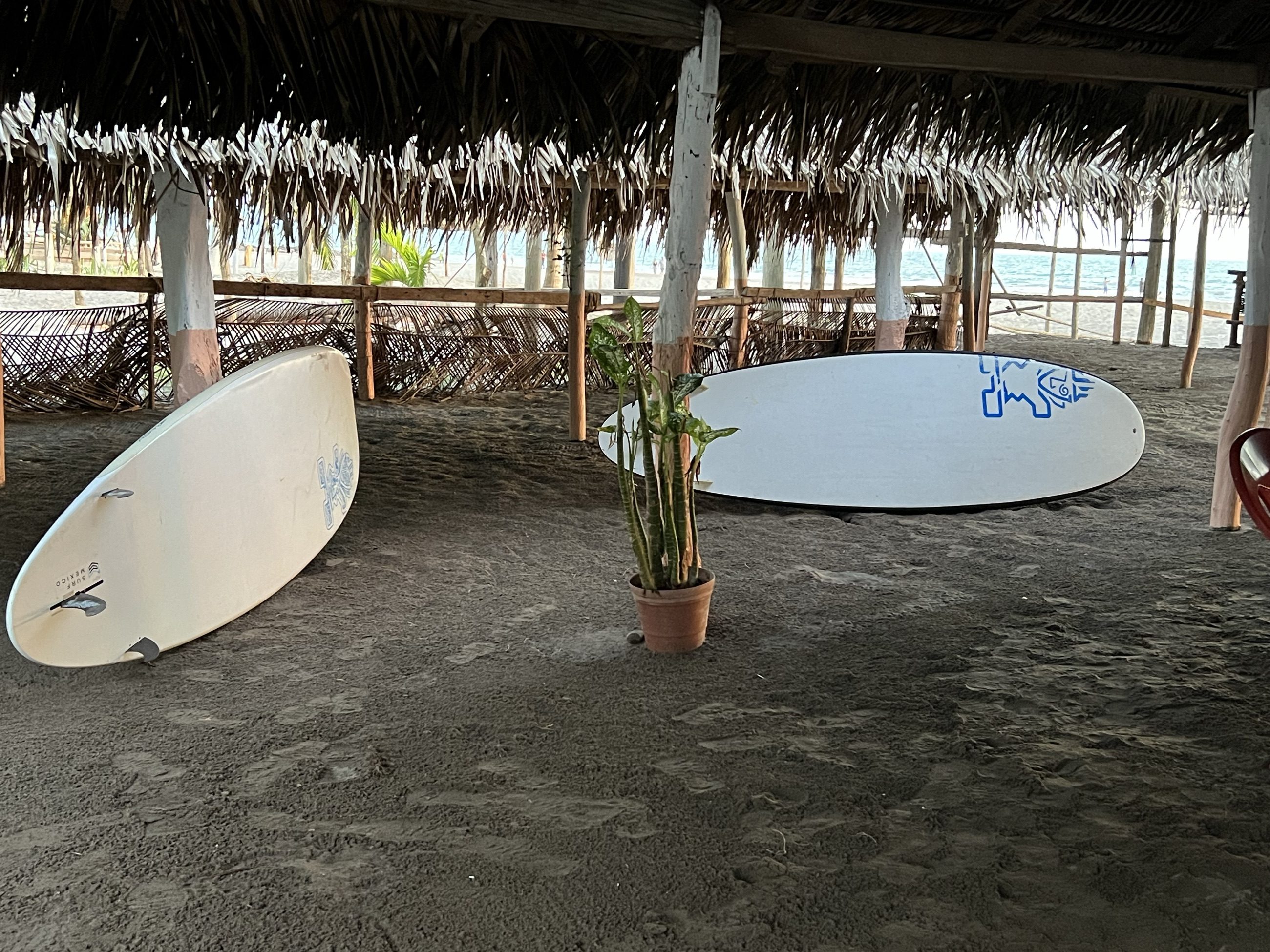 Dos tablas de surf recargadas bajo una palapa de palma, con el mar al fondo